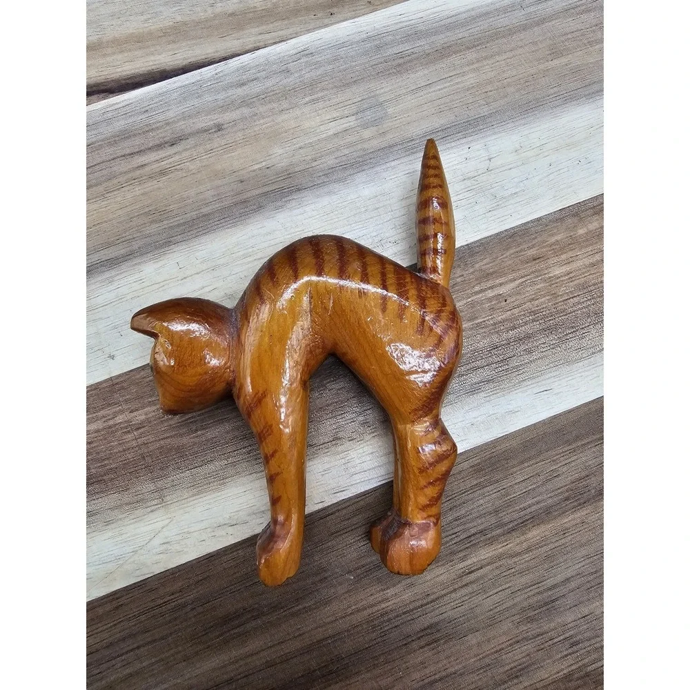 Vintage Hand Carved Wooden Orange‎ Cat Arched Back